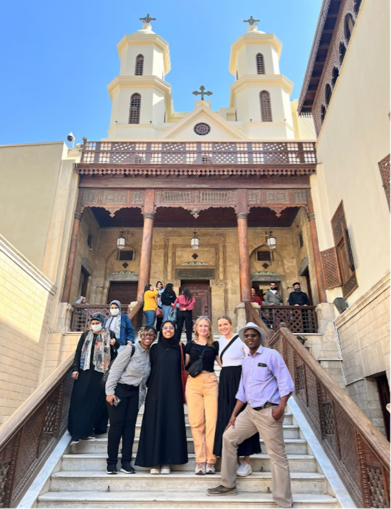 Students from the DUMESC-sponsored trip stop to take a photo outside of The Hanging Church in Cairo, Egypt (photo courtesy of Layla Arty)